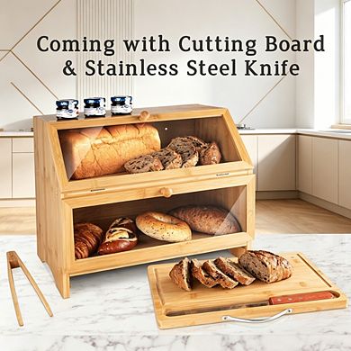 Double Layer 100% Bamboo Bread Box with Cutting Board & Stainless Steel Bread Knife