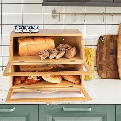 Double Layer 100% Bamboo Bread Box with Cutting Board & Stainless Steel Bread Knife