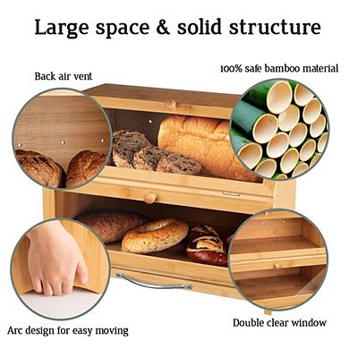 Double Layer 100% Bamboo Bread Box with Cutting Board & Stainless Steel Bread Knife