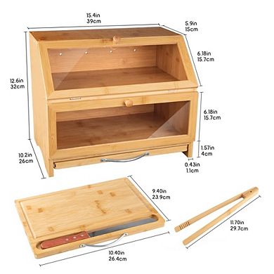 Double Layer 100% Bamboo Bread Box with Cutting Board & Stainless Steel Bread Knife