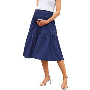 Maternity Skirt High Waist Smocked Tiered Midi Skirt Pregnancy Skirts