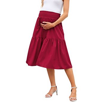 Maternity Skirt High Waist Smocked Tiered Midi Skirt Pregnancy Skirts