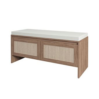BAOURE Mid-Century Modern 39.4-Inch Faux Rattan 2-Door Shoe Storage Bench with Seat Cushion