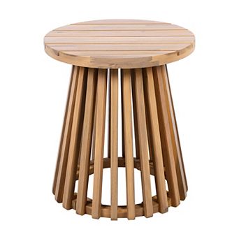 Outdoor Acacia Round Wood Patio Side Table, 15.75" Diameter, Light Teak Finish