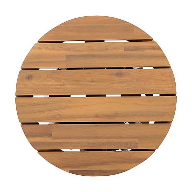 Outdoor Acacia Round Wood Patio Side Table, 15.75" Diameter, Light Teak Finish