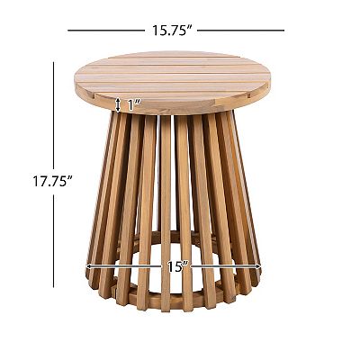 Outdoor Acacia Round Wood Patio Side Table, 15.75" Diameter, Light Teak Finish