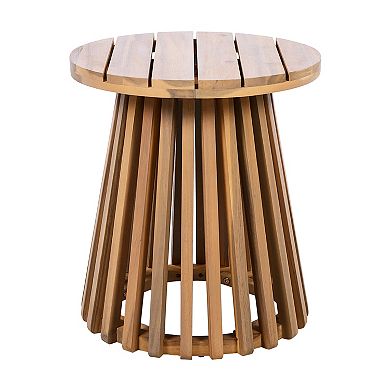 Outdoor Acacia Round Wood Patio Side Table, 15.75" Diameter, Light Teak Finish