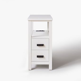 2 Drawers White End Table with Charging Station, 2 USB Ports and Outlets