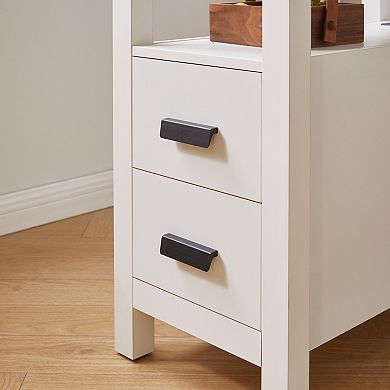 2 Drawers White End Table with Charging Station, 2 USB Ports and Outlets