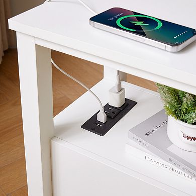 2 Drawers White End Table with Charging Station, 2 USB Ports and Outlets