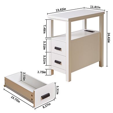 2 Drawers White End Table with Charging Station, 2 USB Ports and Outlets
