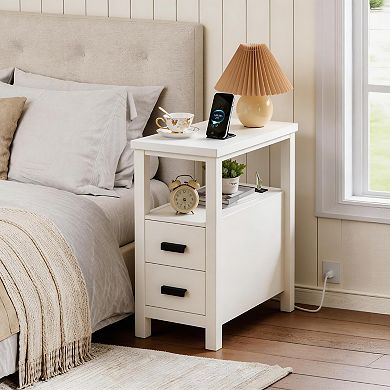 2 Drawers White End Table with Charging Station, 2 USB Ports and Outlets