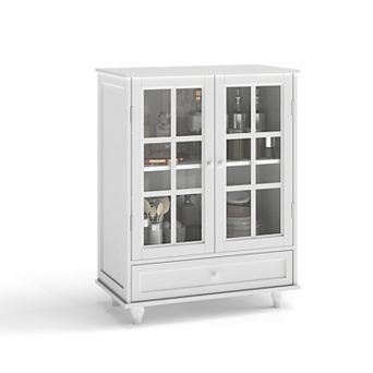 Minimalist White Buffet Cabinet with Double Glass Doors and Drawer, White