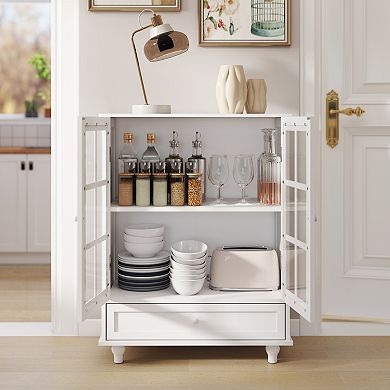 Minimalist White Buffet Cabinet with Double Glass Doors and Drawer, White
