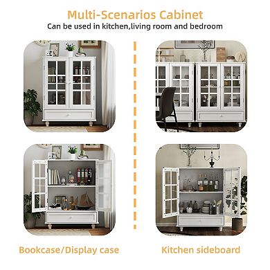Minimalist White Buffet Cabinet with Double Glass Doors and Drawer, White