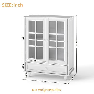 Minimalist White Buffet Cabinet with Double Glass Doors and Drawer, White