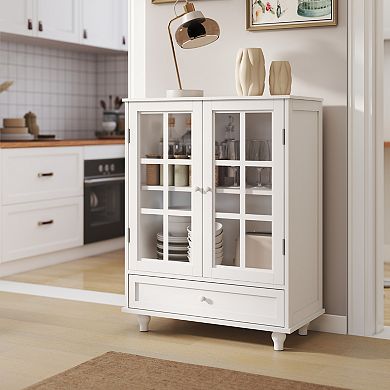 Minimalist White Buffet Cabinet with Double Glass Doors and Drawer, White