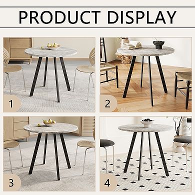 Modern Minimalist Circular Dining Table 33.5in Gray Cement Texture with Triangular Iron Brackett
