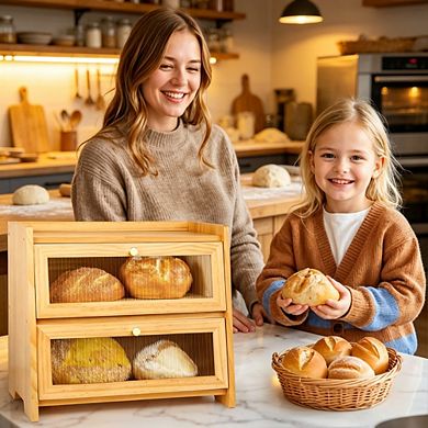 Bread Box for Kitchen Countertop, Corner Wooden Bread Storage Organizer & Decor, Ideal Gift