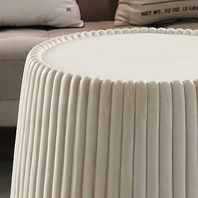 Off-White Magnesium Oxide Fluted Tapered Side Table, 16.54" Round Top, 19.69" Height and Base