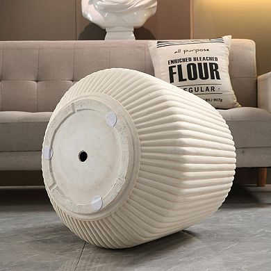 Off-White Magnesium Oxide Fluted Tapered Side Table, 16.54" Round Top, 19.69" Height and Base