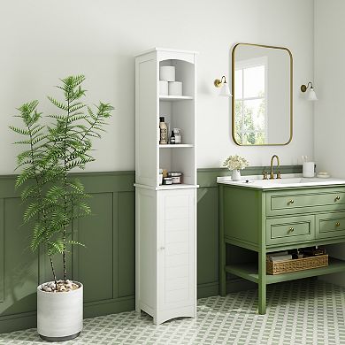 Slim White MDF 64.17-Inch Tall Freestanding Bathroom Cabinet with Adjustable Shelves