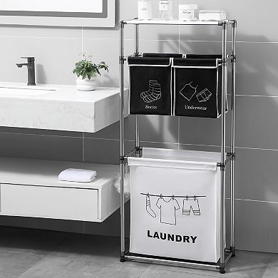 BAOURE 3-Tier Laundry Sorter Rack with Top Shelf and 3 Removable Fabric Organizer Bags