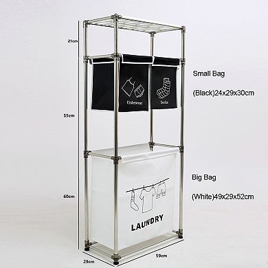 BAOURE 3-Tier Laundry Sorter Rack with Top Shelf and 3 Removable Fabric Organizer Bags