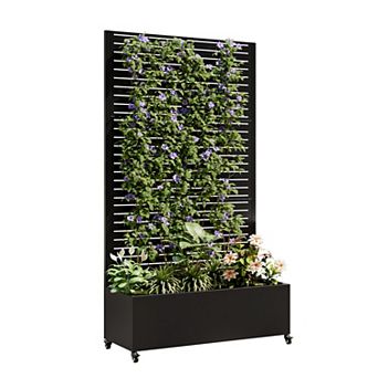 BAOURE Black Metal Raised Garden Bed Planter Box With 73-Inch Trellis And Locking Wheels