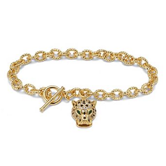 Marquise Cut Green Crystal Goldtone Charm Bracelet, 8 in