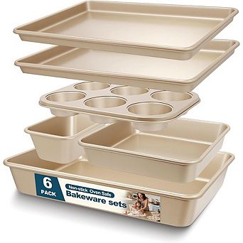 6 pc Nonstick Bakeware Set, Stackable Carbon Steel Pans for Baking & Roasting
