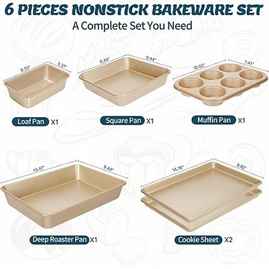 6-Piece Nonstick Bakeware Set, Stackable Carbon Steel Pans for Baking & Roasting