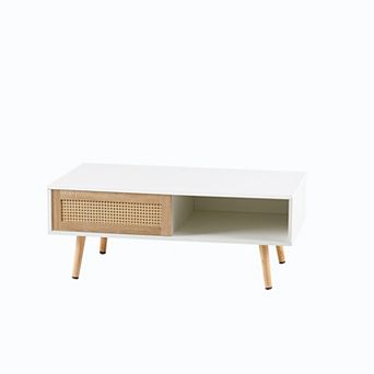 Modern 41.34" Rattan Coffee Table with Sliding Doors for Storage, Solid Wood Legs, White