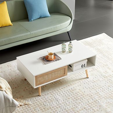 Modern 41.34" Rattan Coffee Table with Sliding Doors for Storage, Solid Wood Legs, White