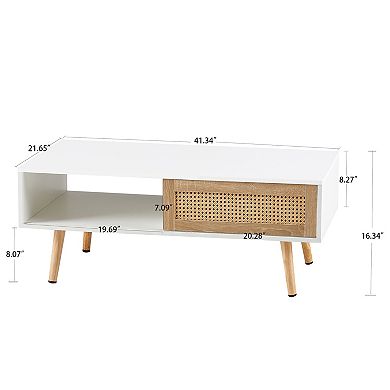 Modern 41.34" Rattan Coffee Table with Sliding Doors for Storage, Solid Wood Legs, White