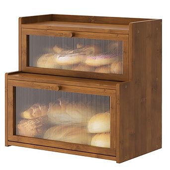 Double Layer 100% Bamboo Bread Box for Kitchen Countertop, Bread Storage Container with Clear Window