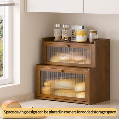 Double Layer 100% Bamboo Bread Box for Kitchen Countertop, Bread Storage Container with Clear Window