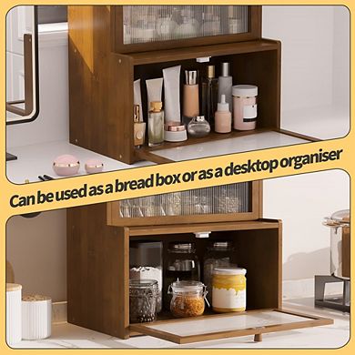 Double Layer 100% Bamboo Bread Box for Kitchen Countertop, Bread Storage Container with Clear Window