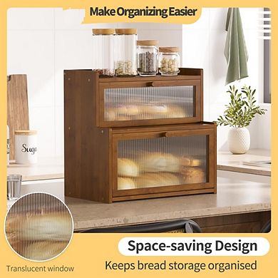 Double Layer 100% Bamboo Bread Box for Kitchen Countertop, Bread Storage Container with Clear Window