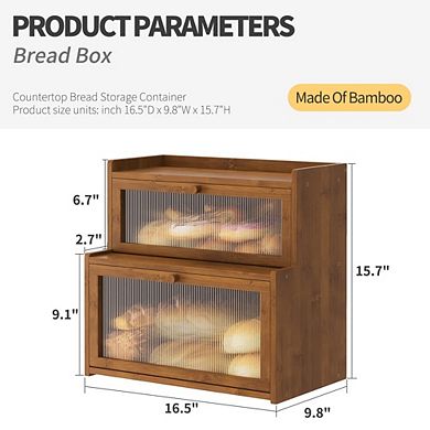Double Layer 100% Bamboo Bread Box for Kitchen Countertop, Bread Storage Container with Clear Window