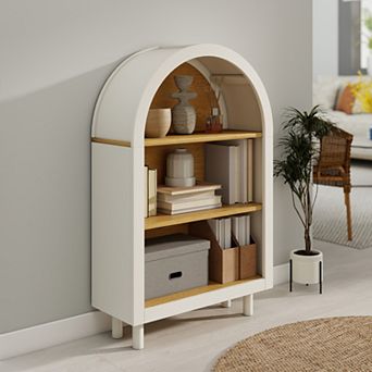 BAOURE 37.4-Inch Modern Arched 3 tier Display Bookcase in White and Natural Wood Finish