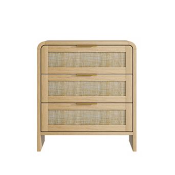 Modern Rattan Nightstand 3 Drawers, 22.8" Wide Curved Wooden Bedside Table, Natural