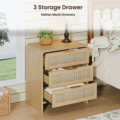 Modern Rattan Nightstand 3 Drawers, 22.8" Wide Curved Wooden Bedside Table, Natural