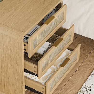 Modern Rattan Nightstand 3 Drawers, 22.8" Wide Curved Wooden Bedside Table, Natural