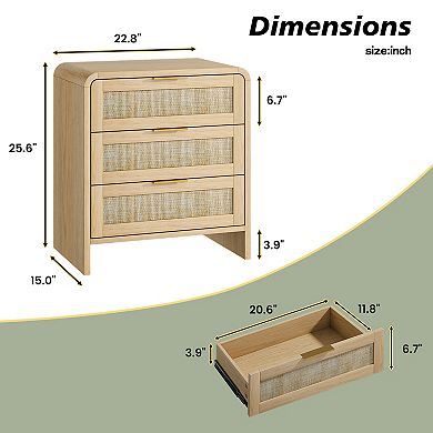 Modern Rattan Nightstand 3 Drawers, 22.8" Wide Curved Wooden Bedside Table, Natural
