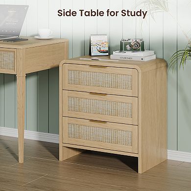 Modern Rattan Nightstand 3 Drawers, 22.8" Wide Curved Wooden Bedside Table, Natural