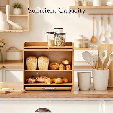 100% Bamboo Double Layer Bread Box for Kitchen Countertop, Vintage Bread Bin with Cutting Board