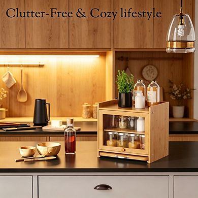 100% Bamboo Double Layer Bread Box for Kitchen Countertop, Vintage Bread Bin with Cutting Board