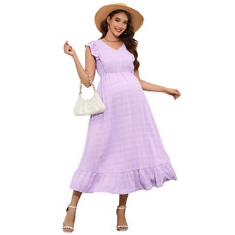 Women's Maternity V Neck Ruffle Sleeve Midi Dress Elastic Waist A-Line Flowy Casual Dress