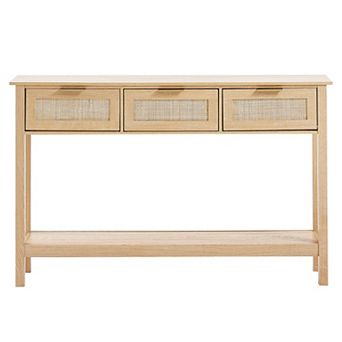 Rattan Console Table with 3 Storage Drawers for Living Room, Natural